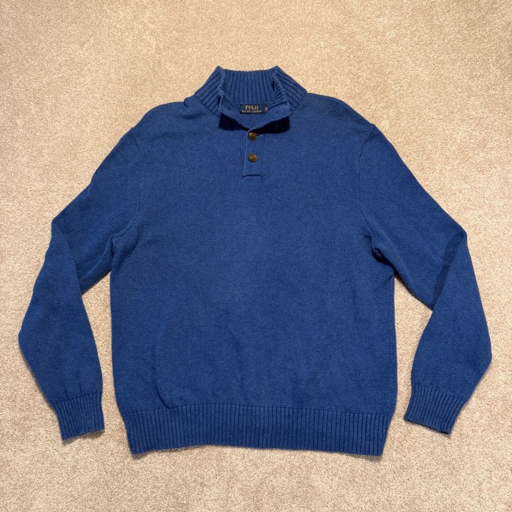 Polo Ralph Lauren Sweater Mens Xl Mock Neck Blue Button Pullover Knit Cotton